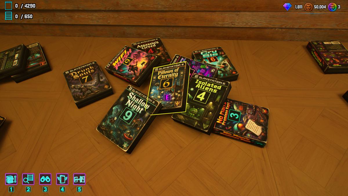 Parody game cases on the floor: Drunk Souls 7, Pillows of Eternity 6, Isolated Aliens 4, Shallow Night 9
