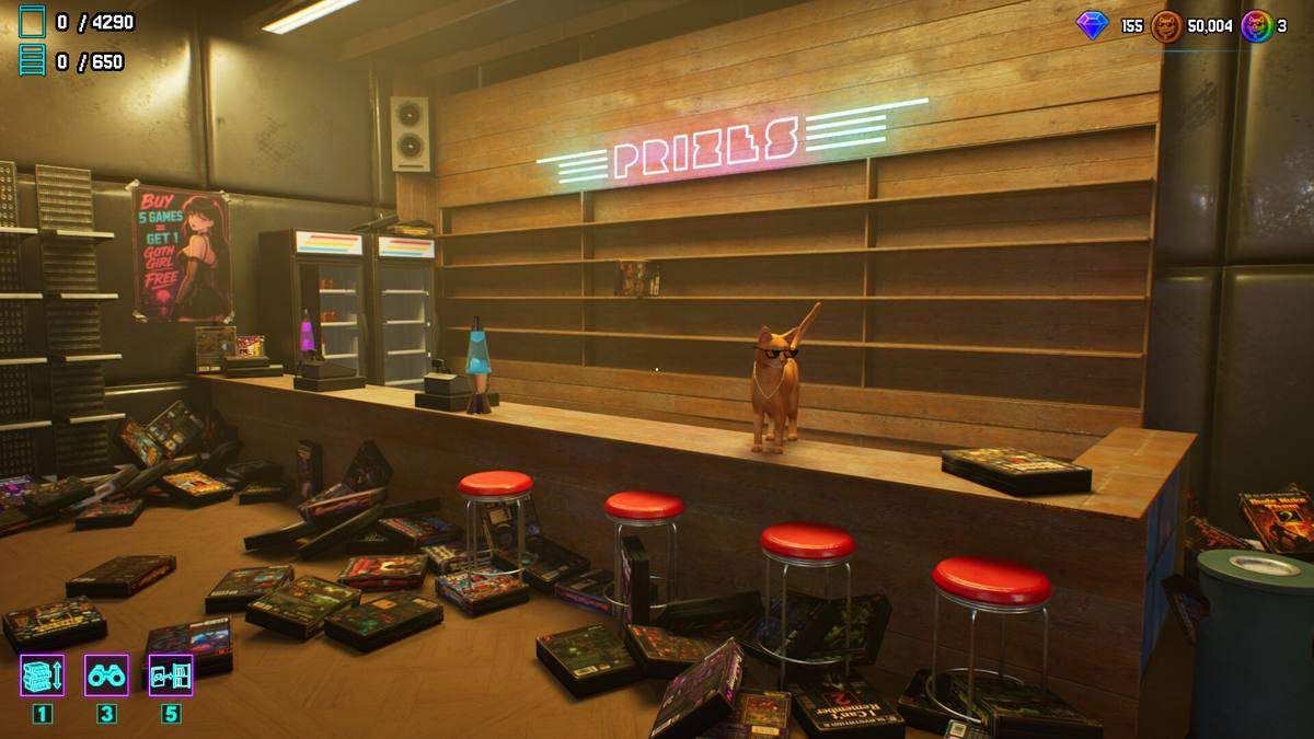 Jeff sitting on the shop counter under the PRIZES sign