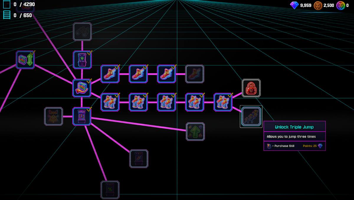 The skill tree screen: a neon grid with branching nodes and the Triple Jump tooltip