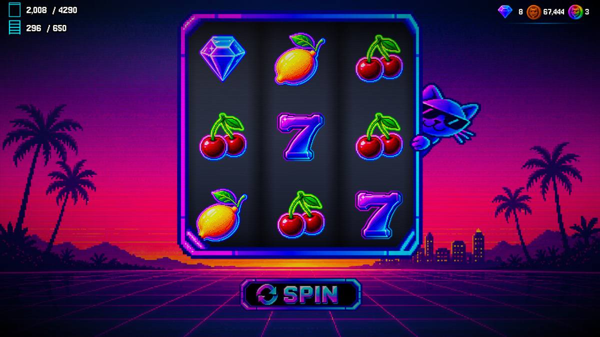 The Jeff's Gamble World slot screen with gems, lemons, cherries and sevens